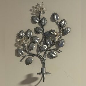 Vintage Hollywood Regency Floral Metal & Beaded  Wall Sconce Candle Holder 16”